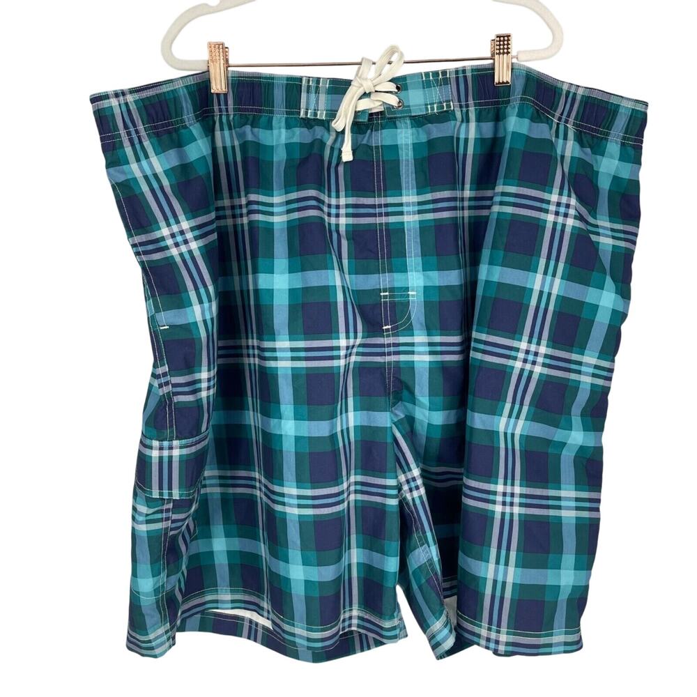 True Nation Swim Trunks‎ Mens 3XL Teal Navy Plaid Mesh Lined Cargo 8.5" Inseam